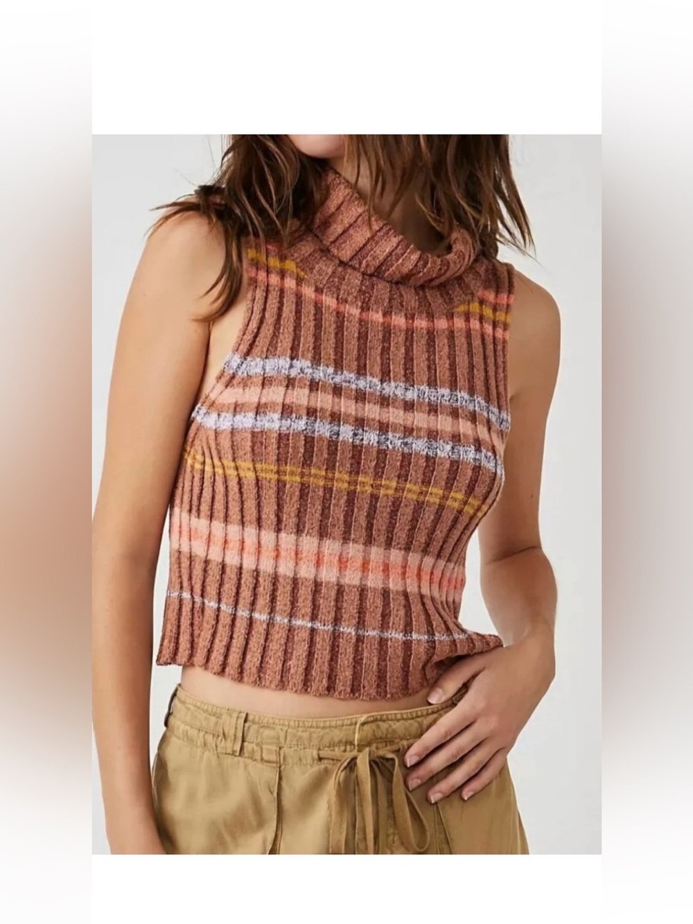 Free People Women's Edith Sweater Vest Turtleneck in Berry Petals Stripes Size S